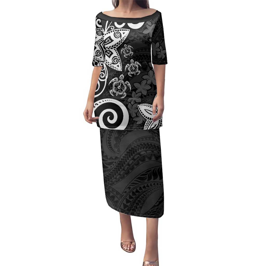 Polynesia Family Matching Puletasi and Hawaiian Shirt Black Tribal Turtle Floral Pattern
