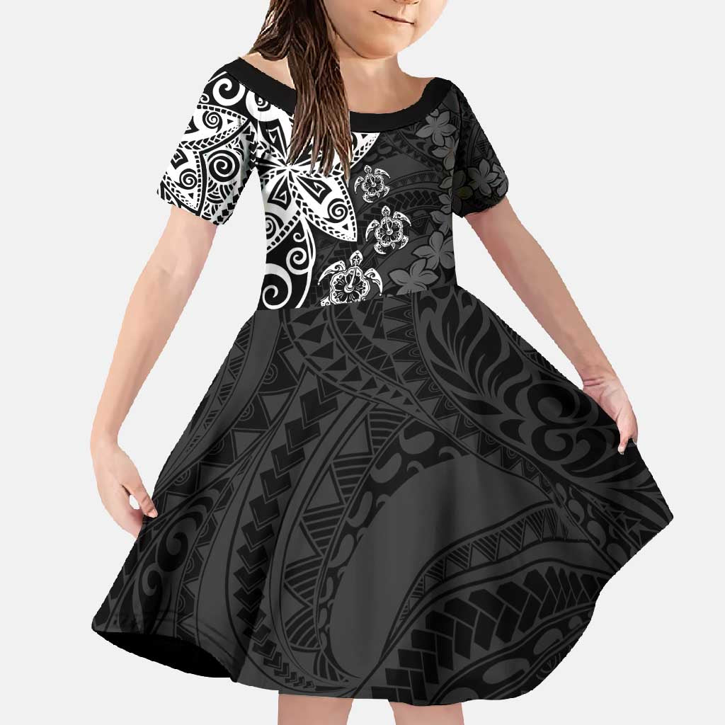 Polynesia Family Matching Short Sleeve Bodycon Dress and Hawaiian Shirt Black Tribal Turtle Floral Pattern LT05 Daughter's Dress Black - Polynesian Pride
