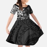 Polynesia Family Matching Short Sleeve Bodycon Dress and Hawaiian Shirt Black Tribal Turtle Floral Pattern LT05 Daughter's Dress Black - Polynesian Pride
