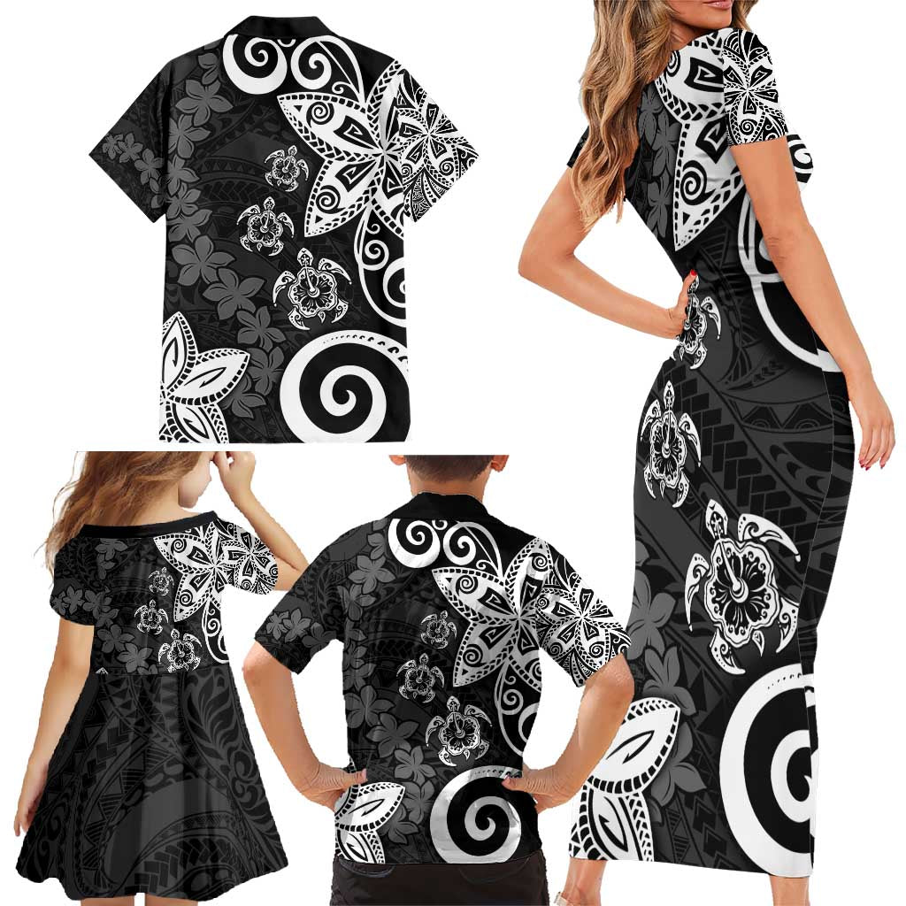 Polynesia Family Matching Short Sleeve Bodycon Dress and Hawaiian Shirt Black Tribal Turtle Floral Pattern LT05 - Polynesian Pride