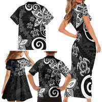 Polynesia Family Matching Short Sleeve Bodycon Dress and Hawaiian Shirt Black Tribal Turtle Floral Pattern LT05 - Polynesian Pride