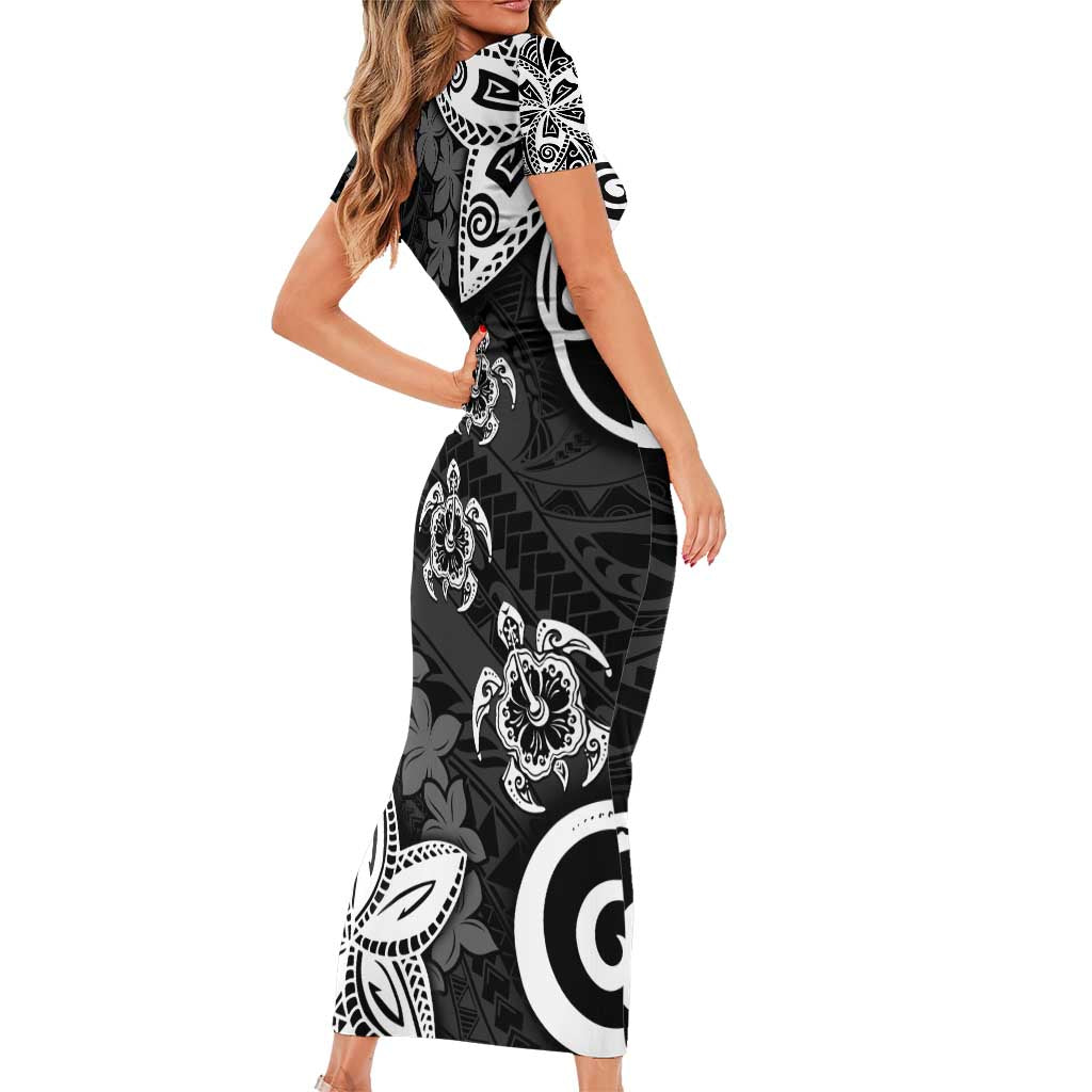 Polynesia Family Matching Short Sleeve Bodycon Dress and Hawaiian Shirt Black Tribal Turtle Floral Pattern LT05 - Polynesian Pride