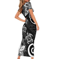 Polynesia Family Matching Short Sleeve Bodycon Dress and Hawaiian Shirt Black Tribal Turtle Floral Pattern LT05 - Polynesian Pride