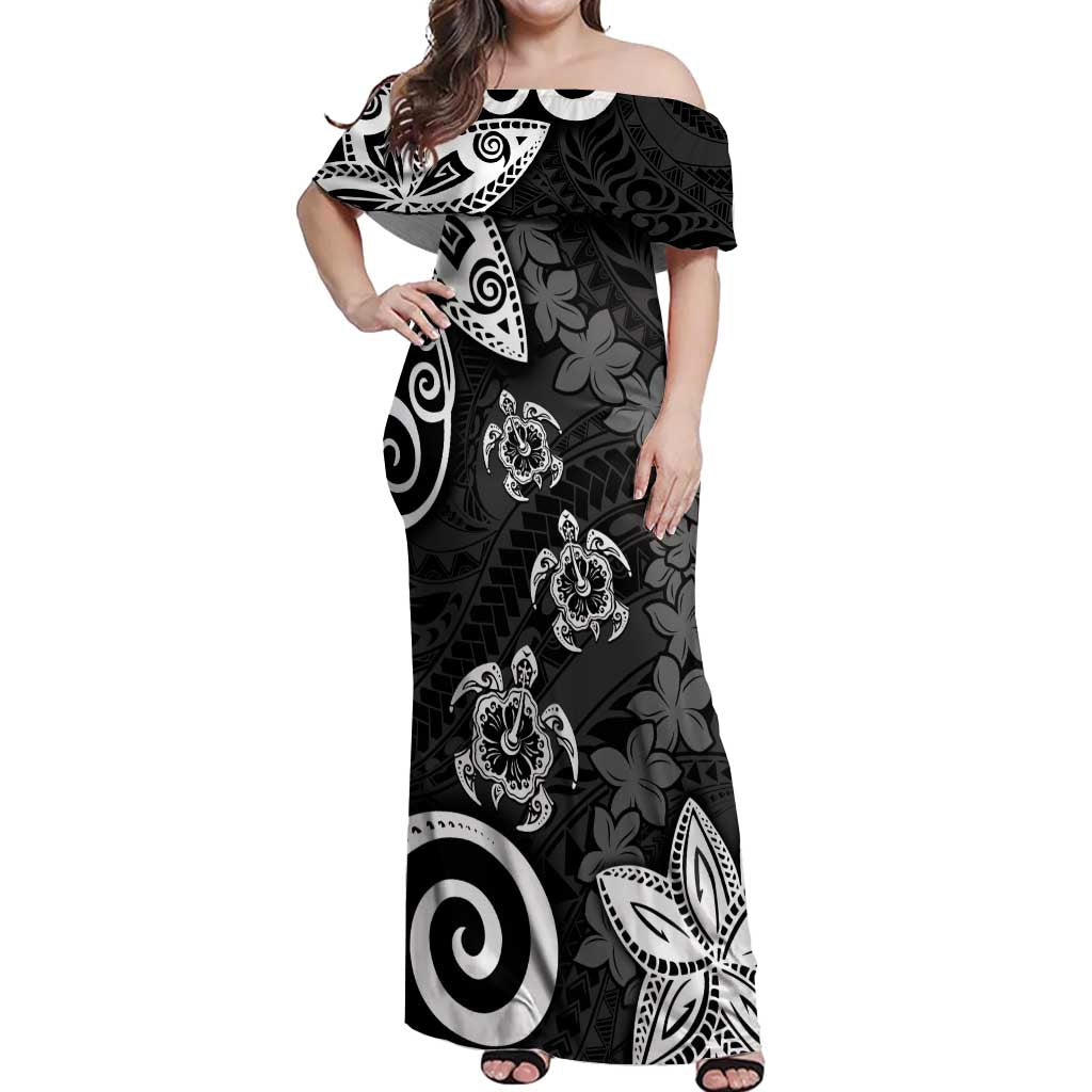 Polynesia Off Shoulder Maxi Dress Black Tribal Turtle Floral Pattern