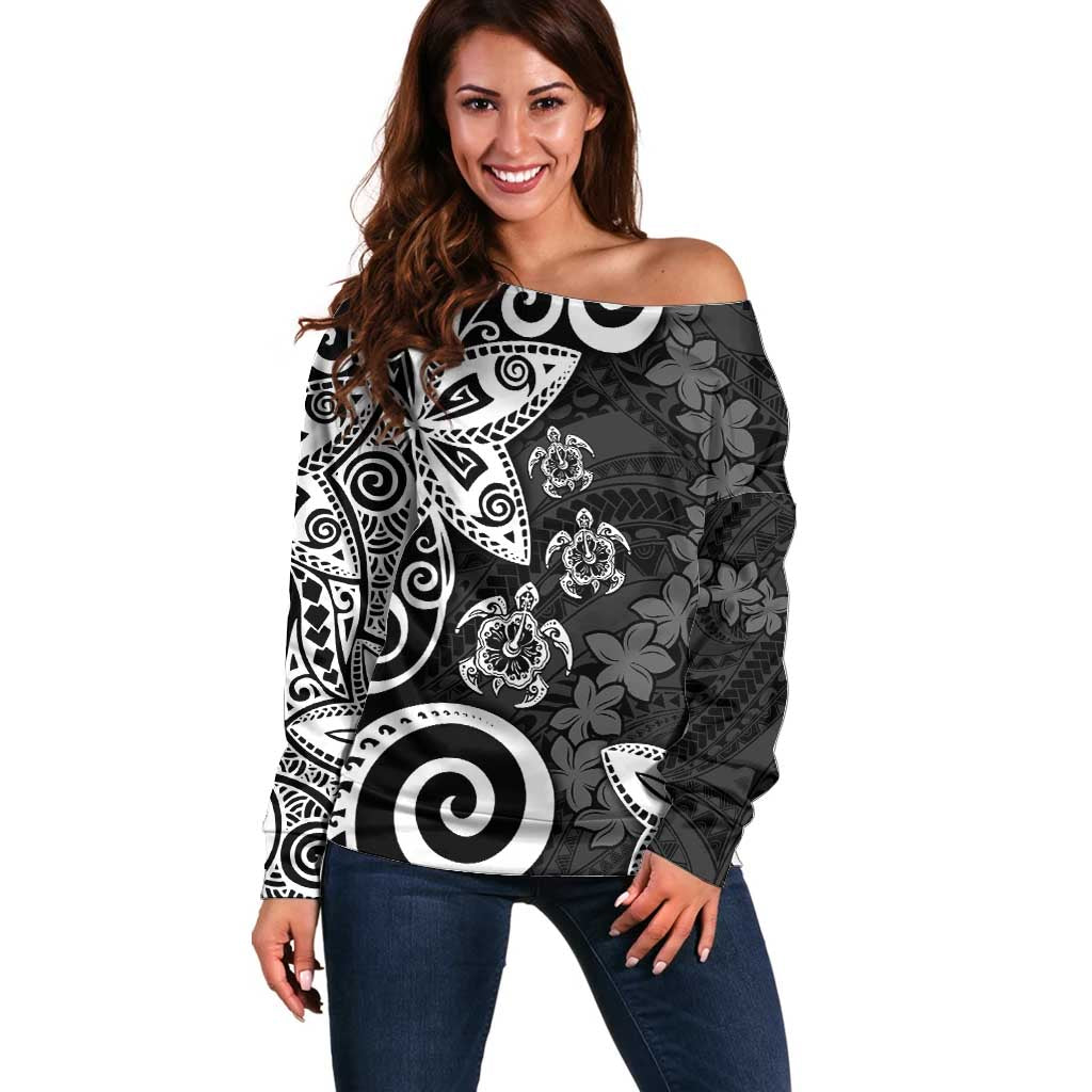 Polynesia Off Shoulder Sweater Black Tribal Turtle Floral Pattern LT05 Women Black - Polynesian Pride
