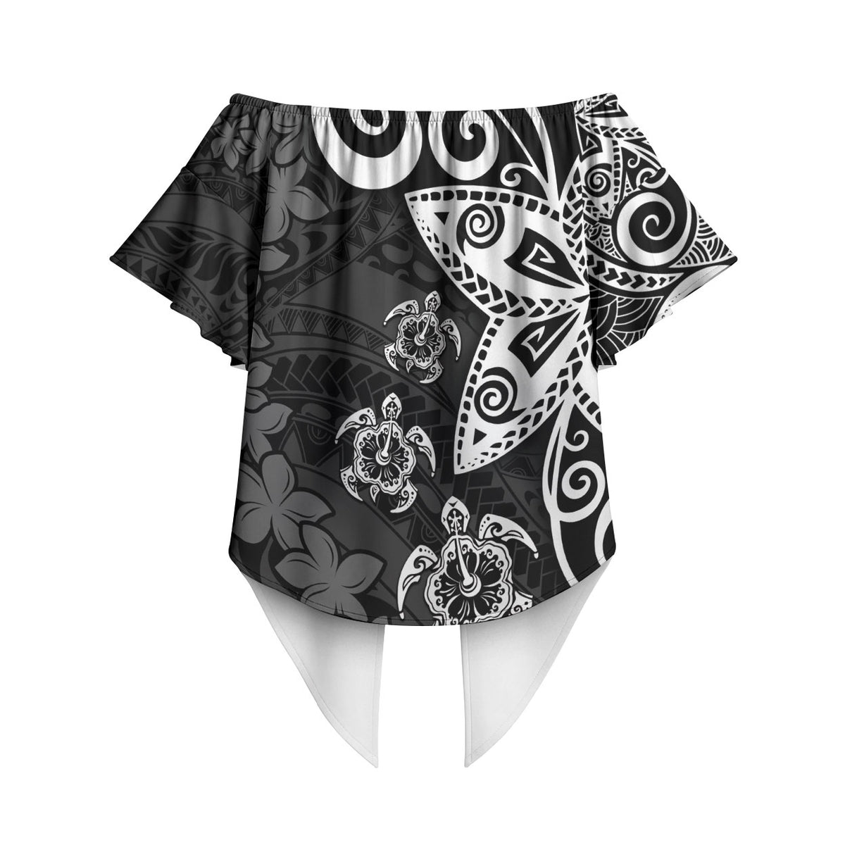 Polynesia Off Shoulder Wrap Waist Top Black Tribal Turtle Floral Pattern LT05 - Polynesian Pride