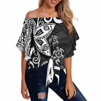 Polynesia Off Shoulder Wrap Waist Top Black Tribal Turtle Floral Pattern LT05 - Polynesian Pride