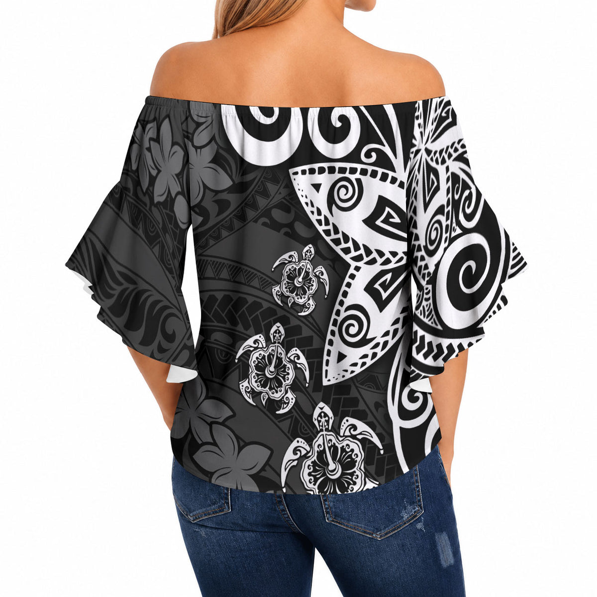 Polynesia Off Shoulder Wrap Waist Top Black Tribal Turtle Floral Pattern LT05 - Polynesian Pride
