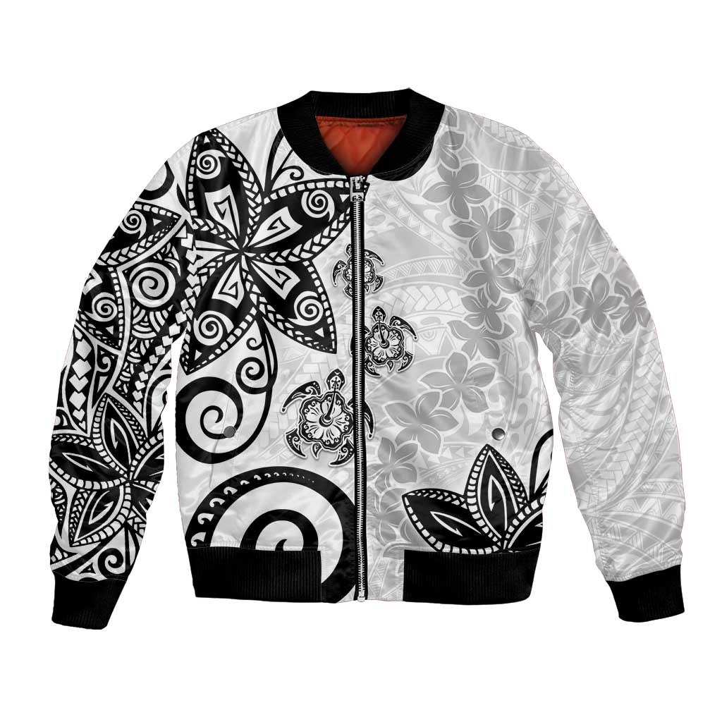 Polynesia Bomber Jacket White Tribal Turtle Floral Pattern LT05 Unisex White - Polynesian Pride