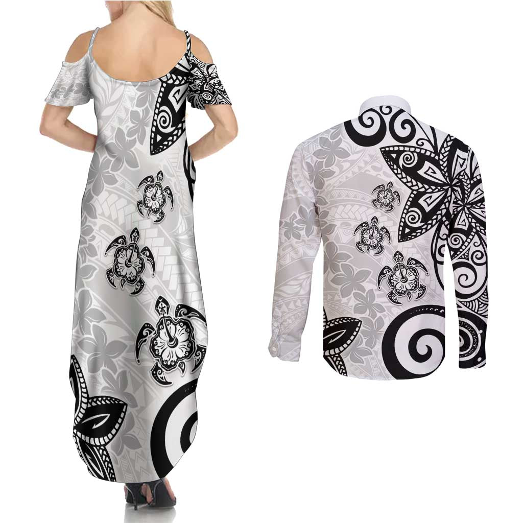 Polynesia Couples Matching Summer Maxi Dress and Long Sleeve Button Shirt White Tribal Turtle Floral Pattern LT05 - Polynesian Pride