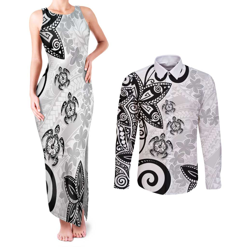 Polynesia Couples Matching Tank Maxi Dress and Long Sleeve Button Shirt White Tribal Turtle Floral Pattern LT05 White - Polynesian Pride