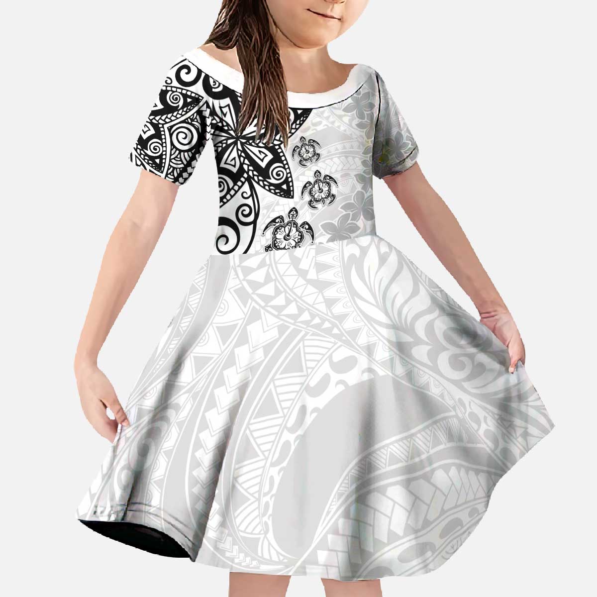 Polynesia Family Matching Off The Shoulder Long Sleeve Dress and Hawaiian Shirt White Tribal Turtle Floral Pattern LT05 Daughter's Dress White - Polynesian Pride