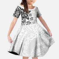 Polynesia Family Matching Off The Shoulder Long Sleeve Dress and Hawaiian Shirt White Tribal Turtle Floral Pattern LT05 Daughter's Dress White - Polynesian Pride