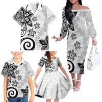 Polynesia Family Matching Off The Shoulder Long Sleeve Dress and Hawaiian Shirt White Tribal Turtle Floral Pattern LT05 - Polynesian Pride