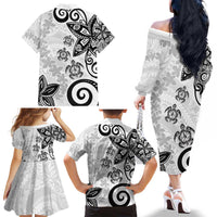 Polynesia Family Matching Off The Shoulder Long Sleeve Dress and Hawaiian Shirt White Tribal Turtle Floral Pattern LT05 - Polynesian Pride
