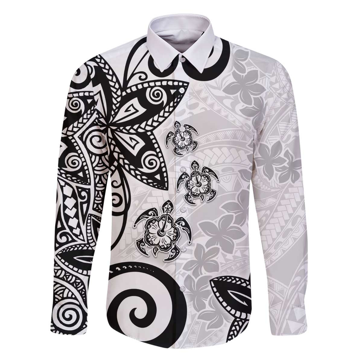 Polynesia Family Matching Off The Shoulder Long Sleeve Dress and Hawaiian Shirt White Tribal Turtle Floral Pattern LT05 Dad's Shirt - Long Sleeve White - Polynesian Pride