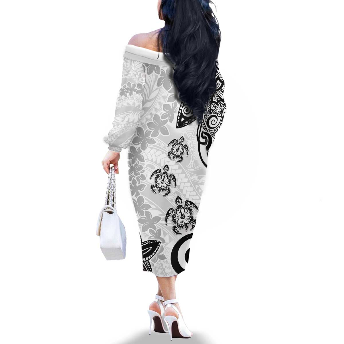 Polynesia Family Matching Off The Shoulder Long Sleeve Dress and Hawaiian Shirt White Tribal Turtle Floral Pattern LT05 - Polynesian Pride