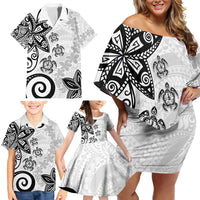 Polynesia Family Matching Off Shoulder Short Dress and Hawaiian Shirt White Tribal Turtle Floral Pattern LT05 - Polynesian Pride
