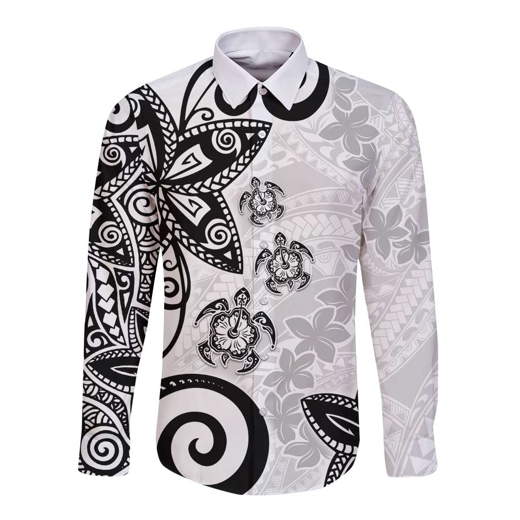 Polynesia Long Sleeve Button Shirt White Tribal Turtle Floral Pattern LT05 Unisex White - Polynesian Pride