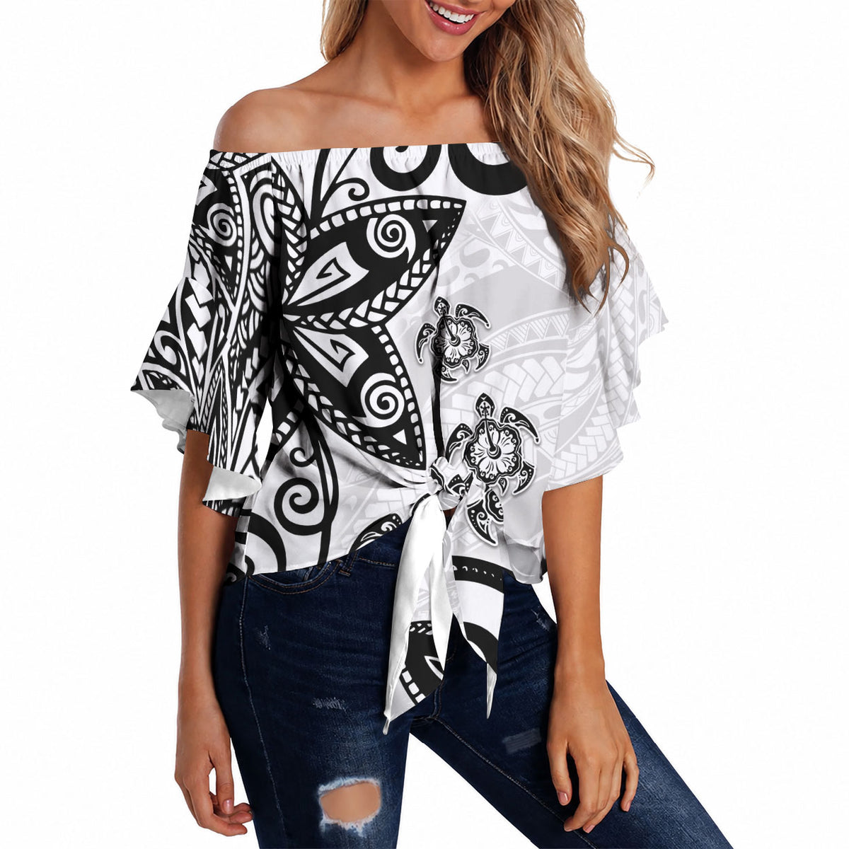 Polynesia Off Shoulder Wrap Waist Top White Tribal Turtle Floral Pattern LT05 - Polynesian Pride