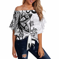 Polynesia Off Shoulder Wrap Waist Top White Tribal Turtle Floral Pattern LT05 - Polynesian Pride