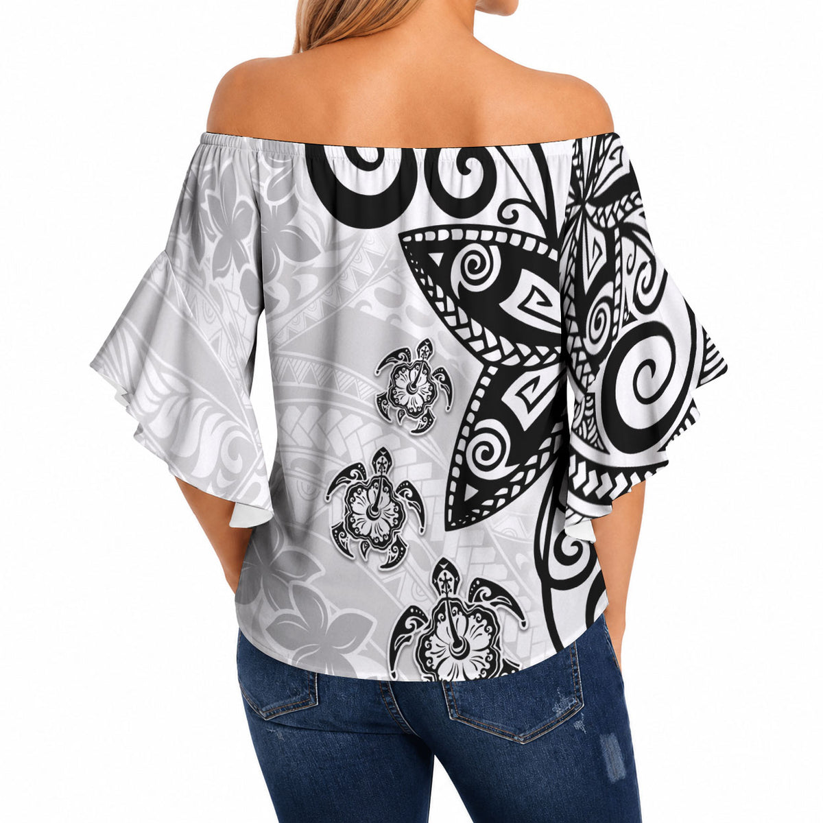 Polynesia Off Shoulder Wrap Waist Top White Tribal Turtle Floral Pattern LT05 - Polynesian Pride