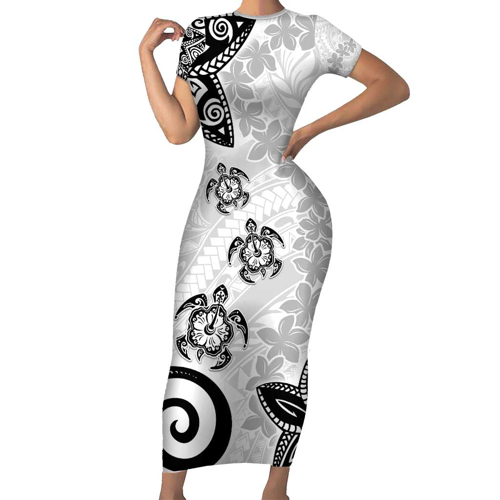 Polynesia Short Sleeve Bodycon Dress White Tribal Turtle Floral Pattern LT05 Long Dress White - Polynesian Pride