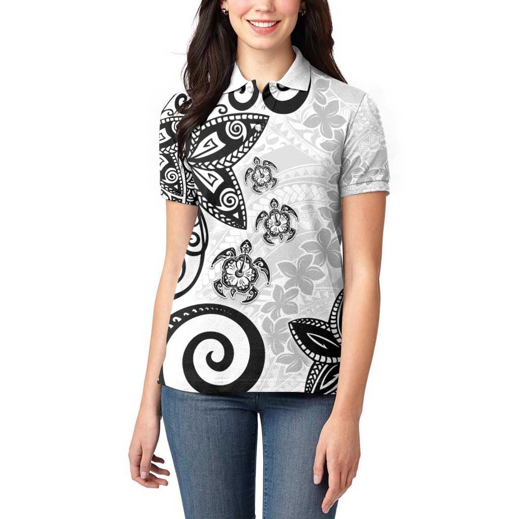 Polynesia Women Polo Shirt White Tribal Turtle Floral Pattern