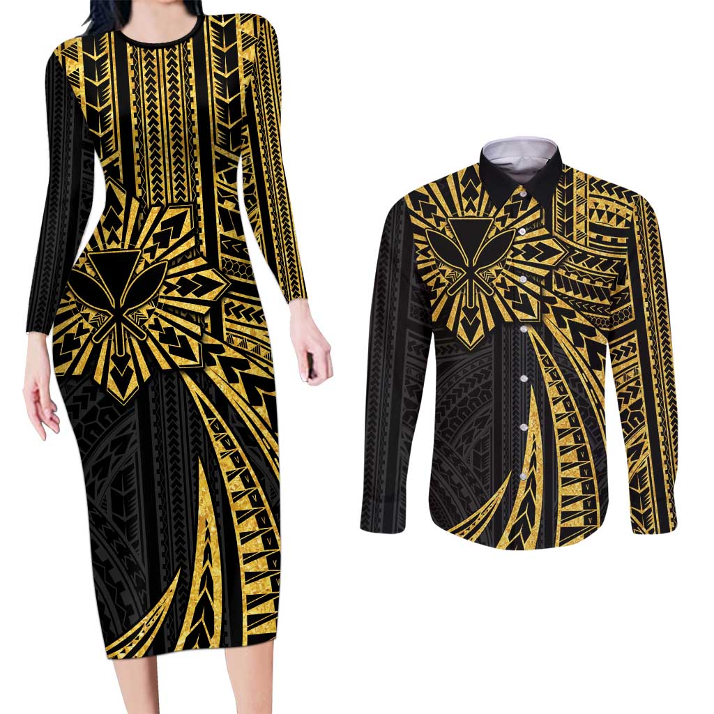 Hawaii And Philippines Couples Matching Long Sleeve Bodycon Dress and Long Sleeve Button Shirt Kanaka Maoli With Tribal Sun Together Gold LT05 Gold - Polynesian Pride