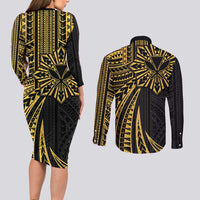 Hawaii And Philippines Couples Matching Long Sleeve Bodycon Dress and Long Sleeve Button Shirt Kanaka Maoli With Tribal Sun Together Gold LT05 - Polynesian Pride
