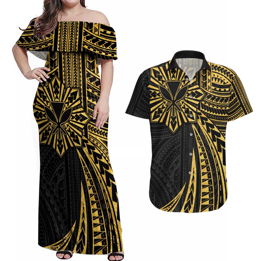 Hawaii And Philippines Couples Matching Off Shoulder Maxi Dress and Hawaiian Shirt Kanaka Maoli With Tribal Sun Together Gold LT05 Gold - Polynesian Pride