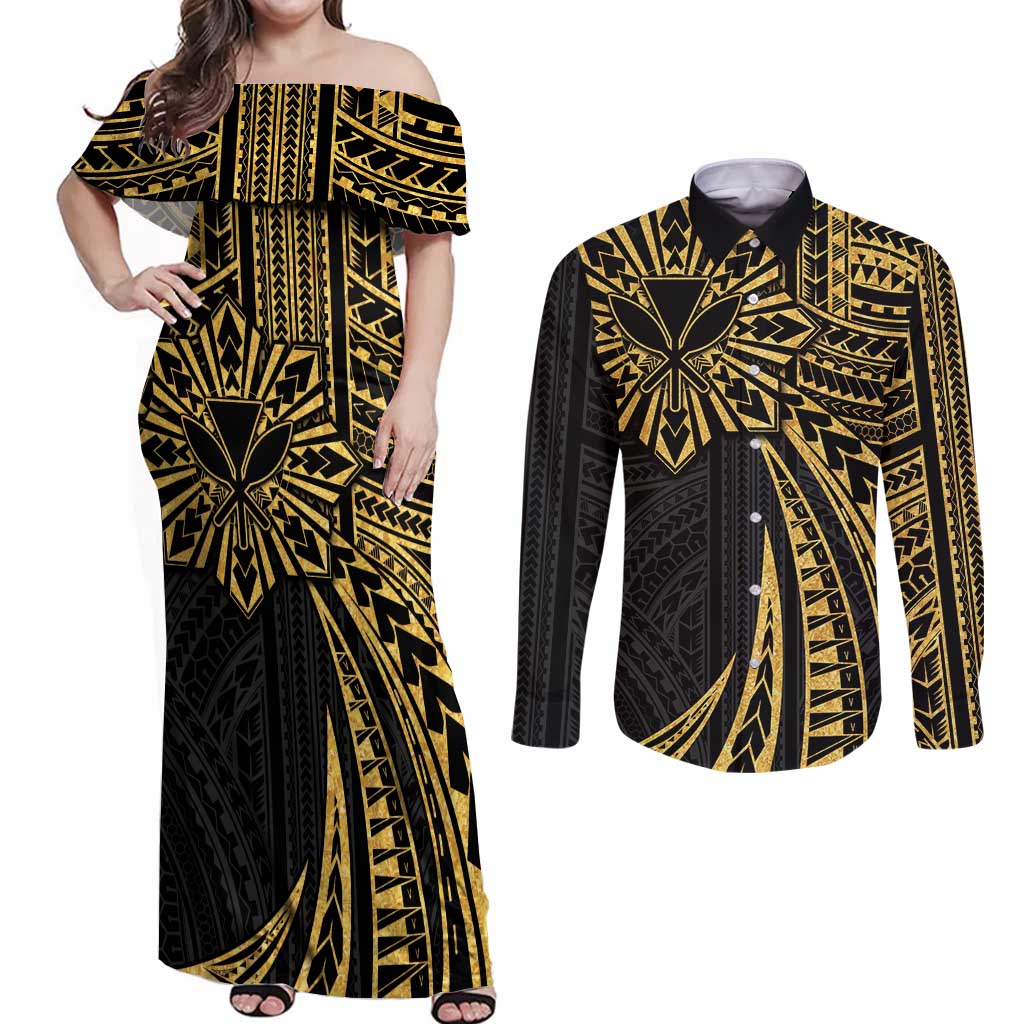 Hawaii And Philippines Couples Matching Off Shoulder Maxi Dress and Long Sleeve Button Shirt Kanaka Maoli With Tribal Sun Together Gold LT05 Gold - Polynesian Pride