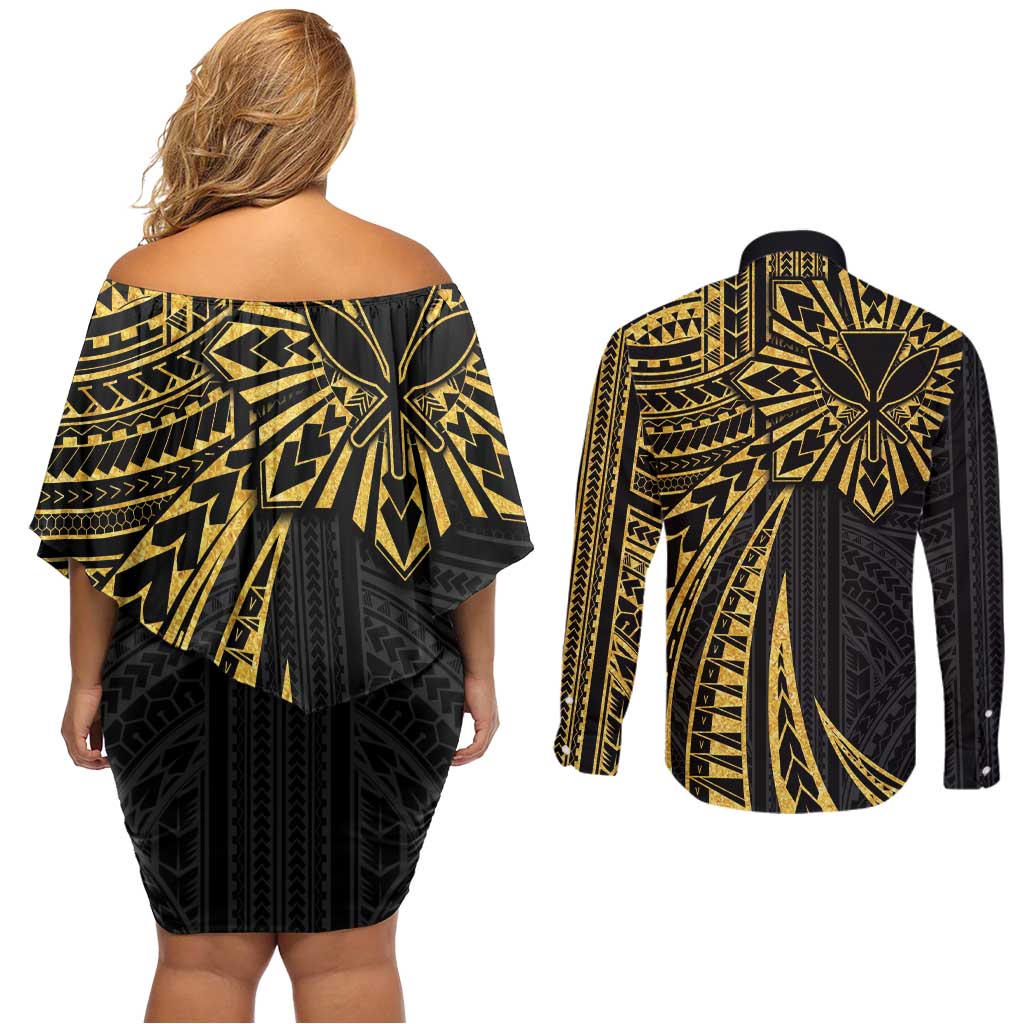 Hawaii And Philippines Couples Matching Off Shoulder Short Dress and Long Sleeve Button Shirt Kanaka Maoli With Tribal Sun Together Gold LT05 - Polynesian Pride