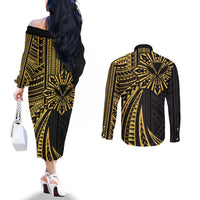 Hawaii And Philippines Couples Matching Off The Shoulder Long Sleeve Dress and Long Sleeve Button Shirt Kanaka Maoli With Tribal Sun Together Gold LT05 - Polynesian Pride