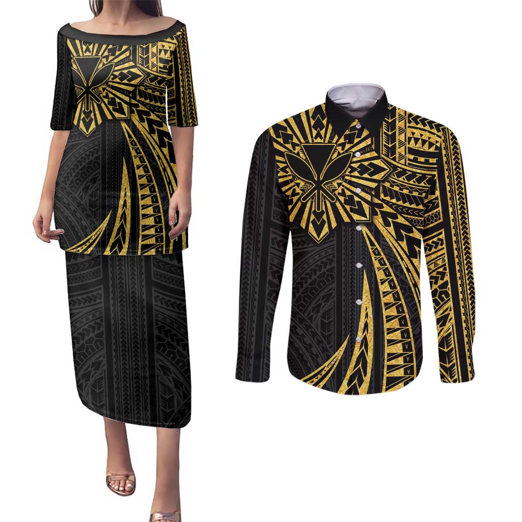 Hawaii And Philippines Couples Matching Puletasi and Long Sleeve Button Shirt Kanaka Maoli With Tribal Sun Together Gold LT05 Gold - Polynesian Pride