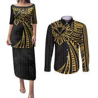 Hawaii And Philippines Couples Matching Puletasi and Long Sleeve Button Shirt Kanaka Maoli With Tribal Sun Together Gold LT05 Gold - Polynesian Pride