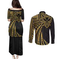 Hawaii And Philippines Couples Matching Puletasi and Long Sleeve Button Shirt Kanaka Maoli With Tribal Sun Together Gold LT05 - Polynesian Pride