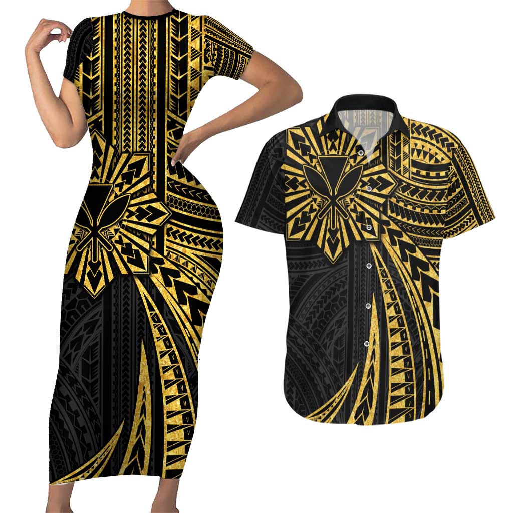Hawaii And Philippines Couples Matching Short Sleeve Bodycon Dress and Hawaiian Shirt Kanaka Maoli With Tribal Sun Together Gold LT05 Gold - Polynesian Pride