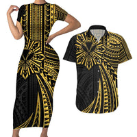 Hawaii And Philippines Couples Matching Short Sleeve Bodycon Dress and Hawaiian Shirt Kanaka Maoli With Tribal Sun Together Gold LT05 Gold - Polynesian Pride