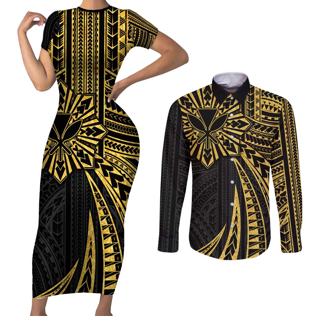 Hawaii And Philippines Couples Matching Short Sleeve Bodycon Dress and Long Sleeve Button Shirt Kanaka Maoli With Tribal Sun Together Gold LT05 Gold - Polynesian Pride