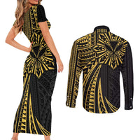 Hawaii And Philippines Couples Matching Short Sleeve Bodycon Dress and Long Sleeve Button Shirt Kanaka Maoli With Tribal Sun Together Gold LT05 - Polynesian Pride