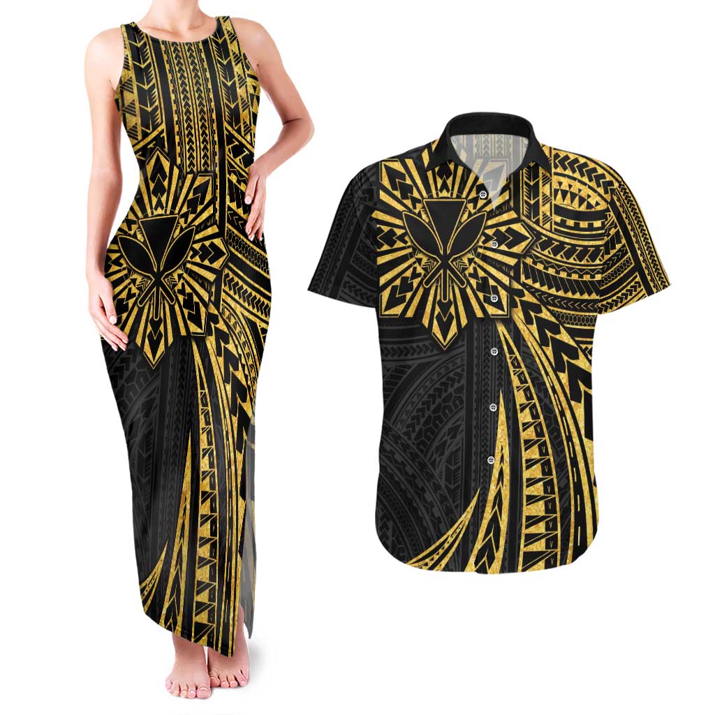 Hawaii And Philippines Couples Matching Tank Maxi Dress and Hawaiian Shirt Kanaka Maoli With Tribal Sun Together Gold LT05 Gold - Polynesian Pride