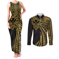 Hawaii And Philippines Couples Matching Tank Maxi Dress and Long Sleeve Button Shirt Kanaka Maoli With Tribal Sun Together Gold LT05 Gold - Polynesian Pride