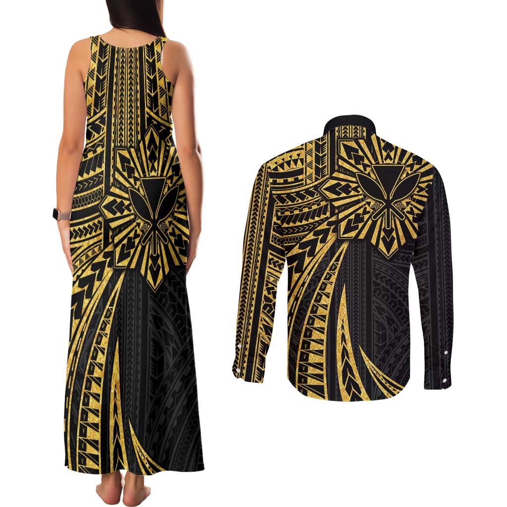 Hawaii And Philippines Couples Matching Tank Maxi Dress and Long Sleeve Button Shirt Kanaka Maoli With Tribal Sun Together Gold LT05 - Polynesian Pride