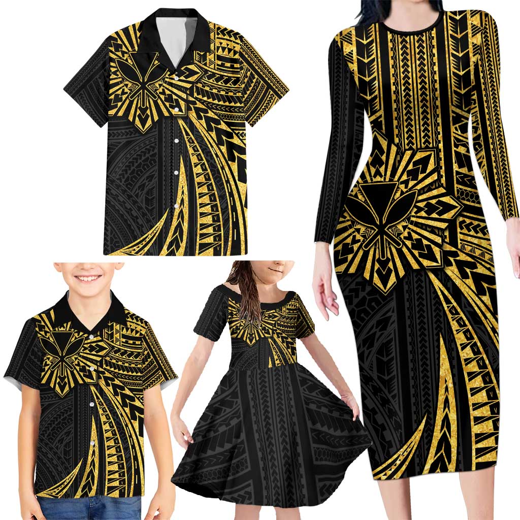 Hawaii And Philippines Family Matching Long Sleeve Bodycon Dress and Hawaiian Shirt Kanaka Maoli With Tribal Sun Together Gold LT05 - Polynesian Pride