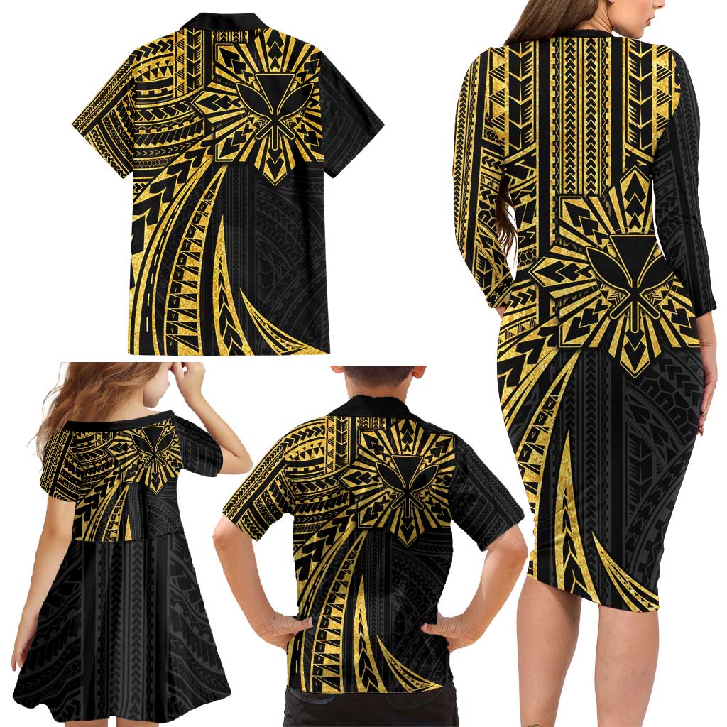 Hawaii And Philippines Family Matching Long Sleeve Bodycon Dress and Hawaiian Shirt Kanaka Maoli With Tribal Sun Together Gold LT05 - Polynesian Pride