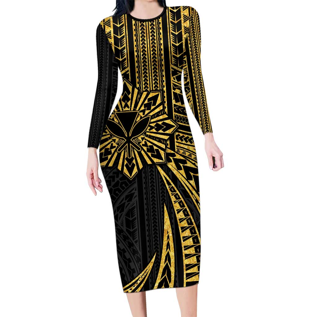 Hawaii And Philippines Family Matching Long Sleeve Bodycon Dress and Hawaiian Shirt Kanaka Maoli With Tribal Sun Together Gold LT05 Mom's Dress Gold - Polynesian Pride