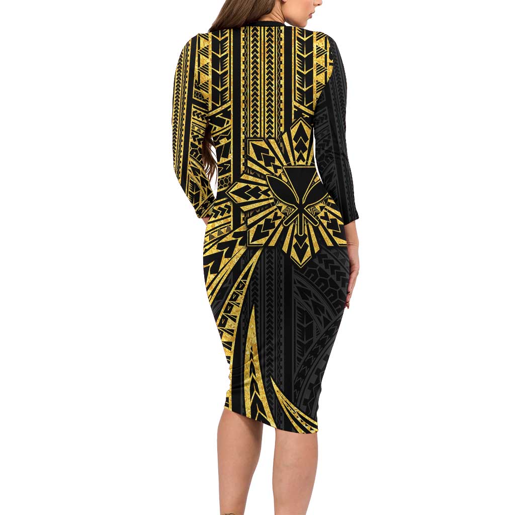 Hawaii And Philippines Family Matching Long Sleeve Bodycon Dress and Hawaiian Shirt Kanaka Maoli With Tribal Sun Together Gold LT05 - Polynesian Pride