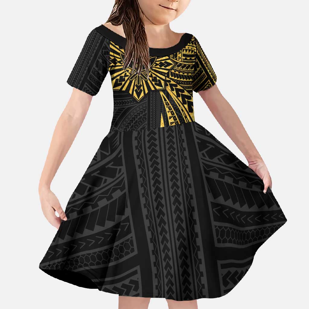 Hawaii And Philippines Family Matching Mermaid Dress and Hawaiian Shirt Kanaka Maoli With Tribal Sun Together Gold LT05 Daughter's Dress Gold - Polynesian Pride