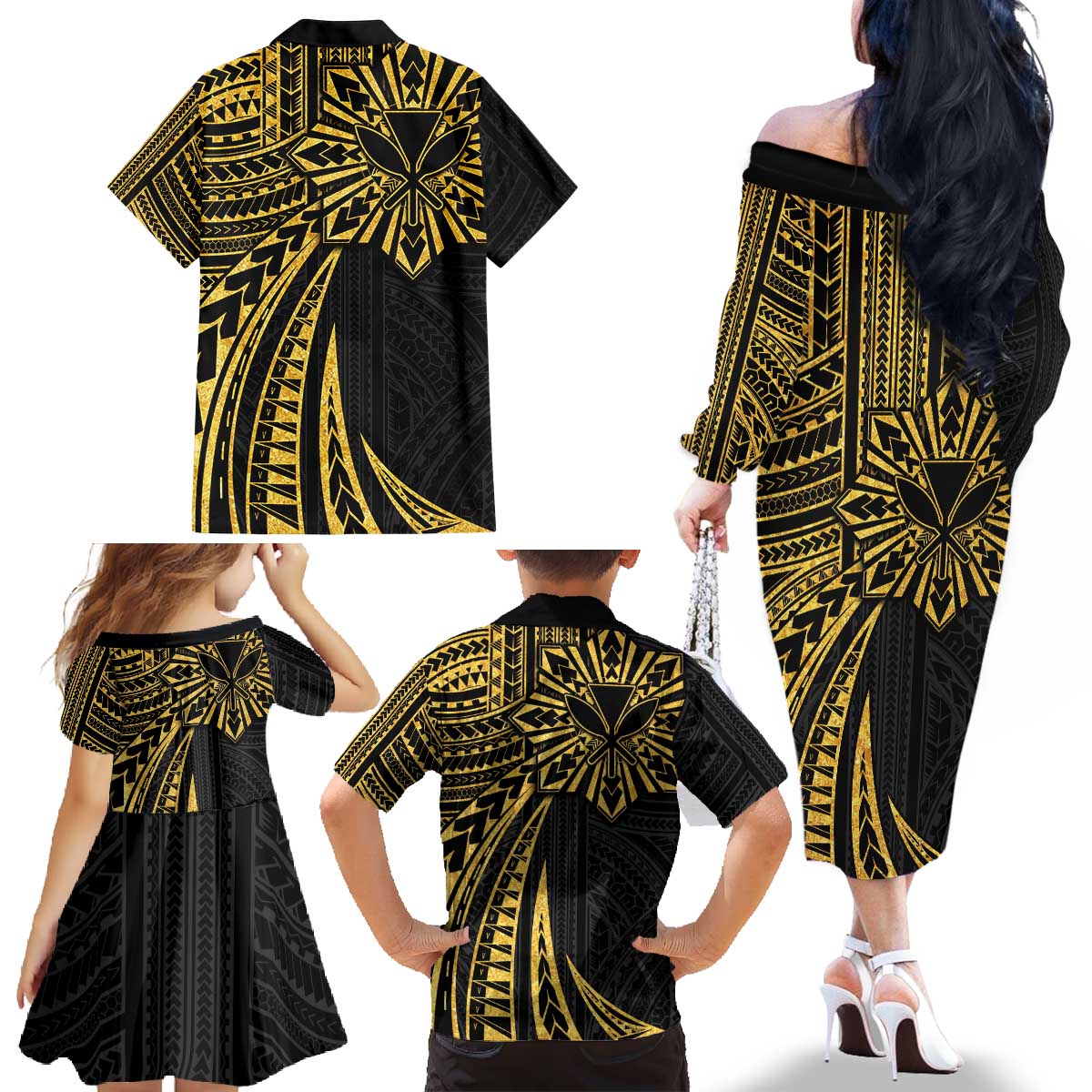 Hawaii And Philippines Family Matching Off The Shoulder Long Sleeve Dress and Hawaiian Shirt Kanaka Maoli With Tribal Sun Together Gold LT05 - Polynesian Pride